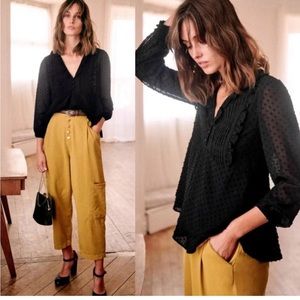 Sezane Swiss Dot Mirta Blouse Top in Black sz 34 Business Casual Attire